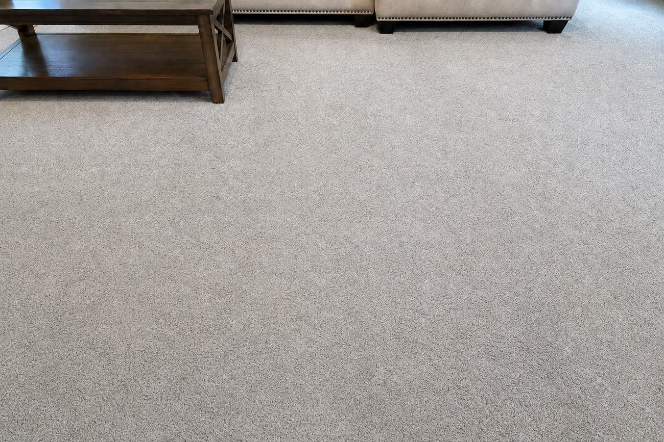 The same living room carpet after hot water extraction, evenly clean with the soiling gone