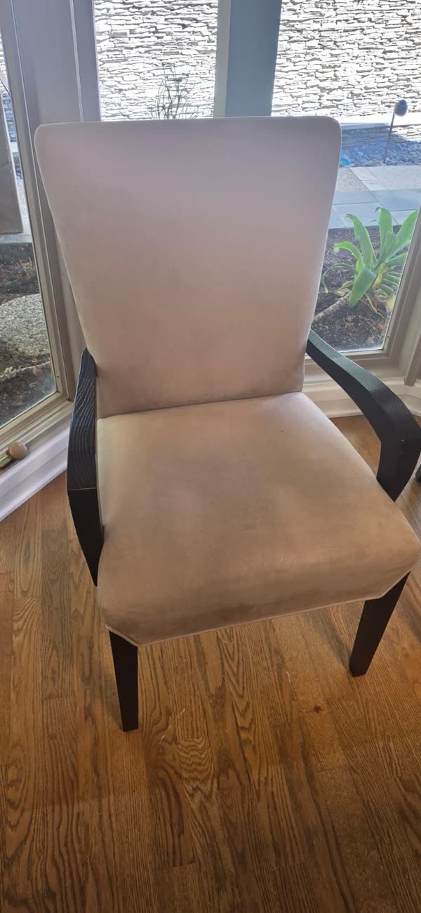 An upholstered dining armchair with dark wood arms, freshly cleaned