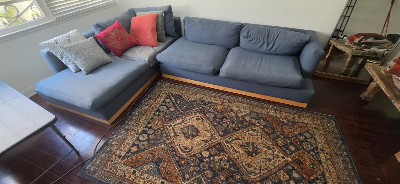 Blue upholstered sectional sofa with an ornate area rug in a living room, freshly cleaned